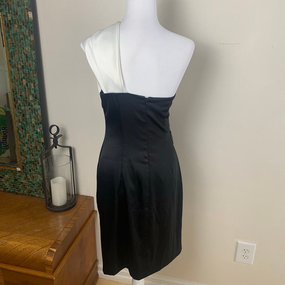Jessica Howard One Shoulder Dress Sz 6 Black White Satin Beaded Cocktail Formal - Picture 8 of 10